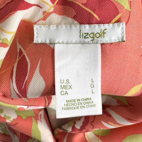 LizGolf 100% Silk Peach Hawaiian Print Structured Button Down Blouse Women's L - Picture 9 of 10